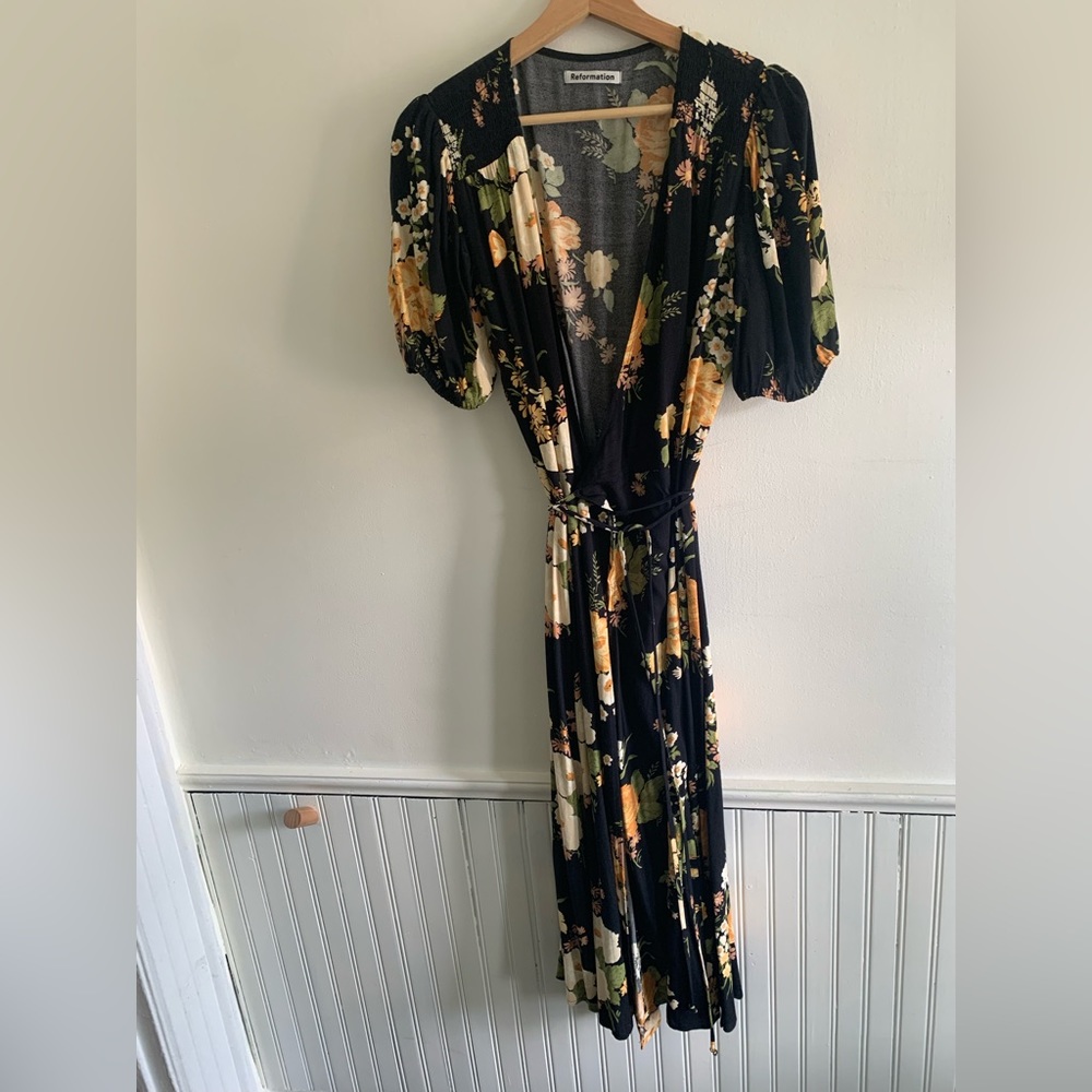 Reformation Black/Floral Wrap Midi Dress
